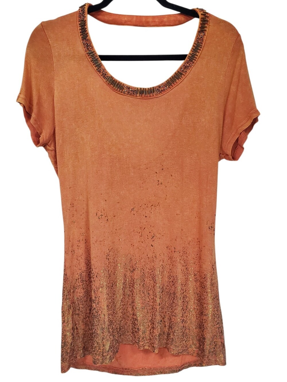 Miss Me Gold Glimmer Orange Beaded Cowgirl Blouse Rodeo Western Cut-out Large